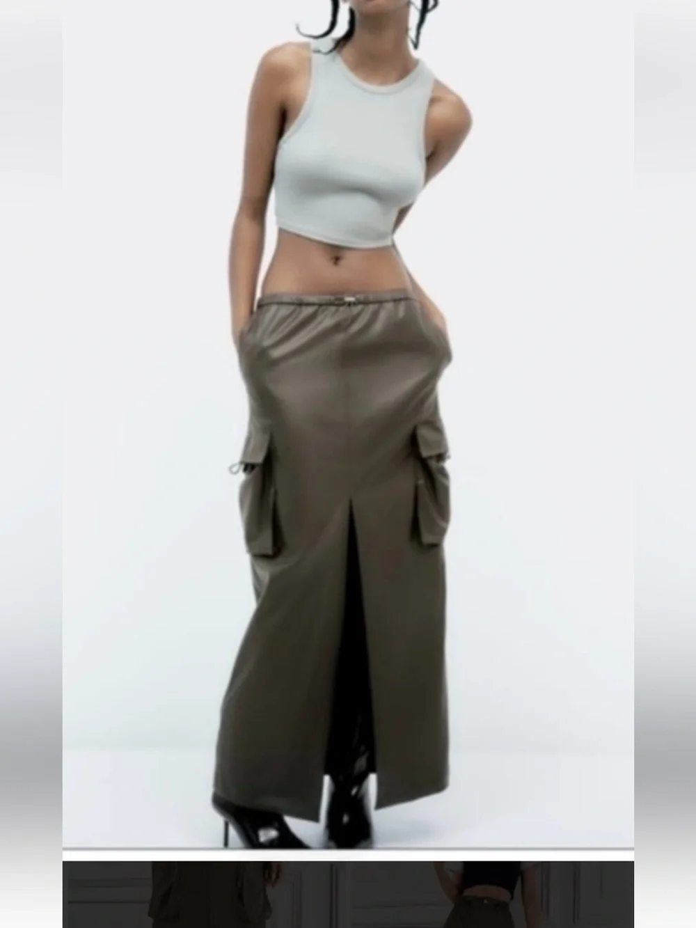Indigo Riding Faux Leather Olive Maxi Cargo Skirt with Front Slit